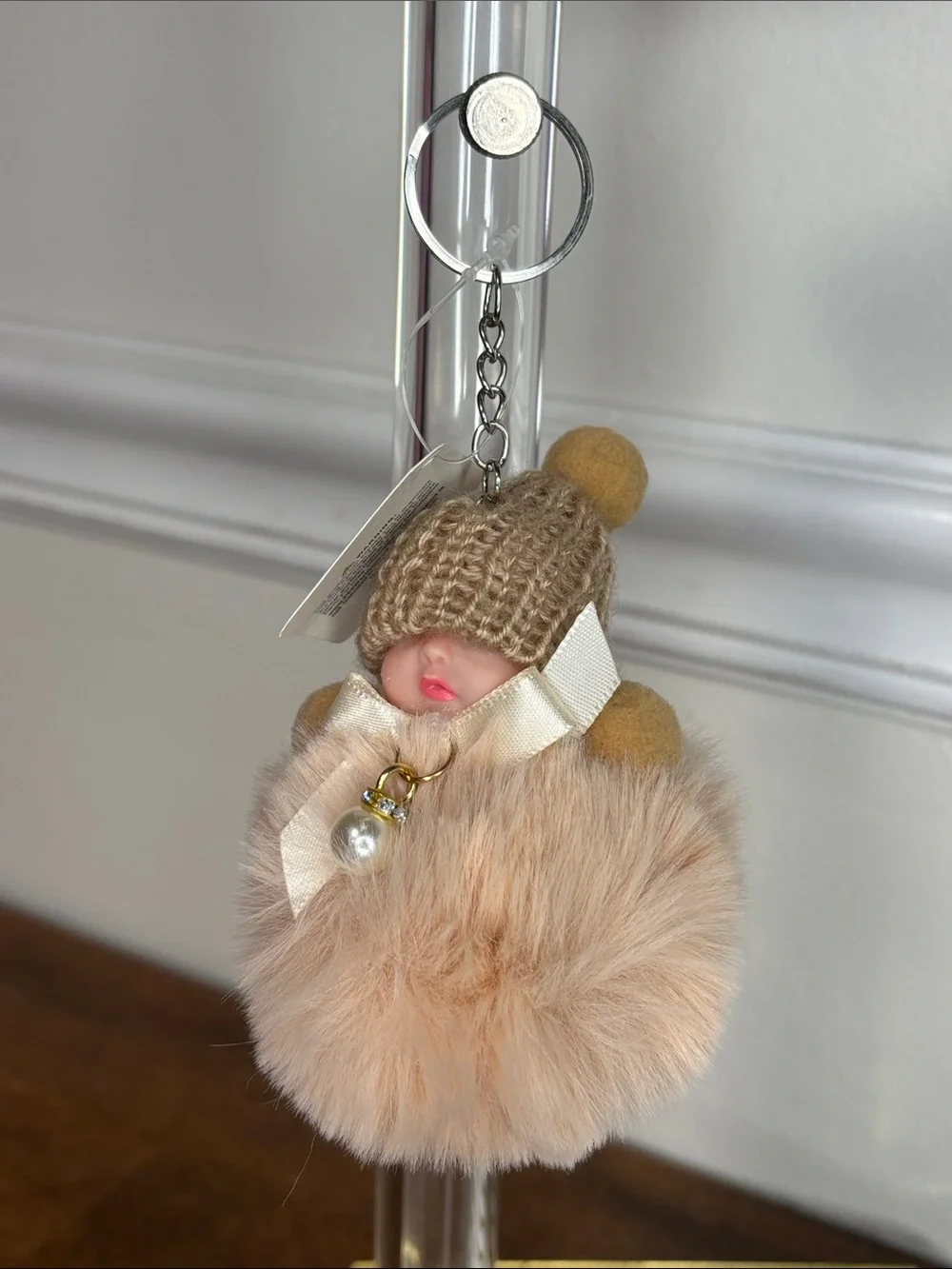 Sleeping Baby Plush Pom-Pom Keychain/Bag Charm Soft Blush Pink